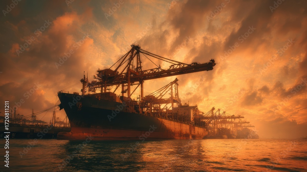 Obraz premium Majestic Cargo Ship Docked at Sunset with Dramatic Sky and Industrial Crane Silhouettes