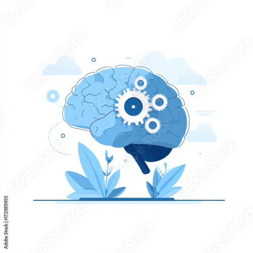 Blue brain illustration with gears symbolizes concept of artificial intelligence and cognitive processes. design is surrounded by abstract elements and plants, creating futuristic and innovative