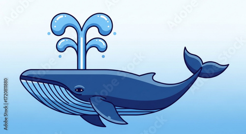 Cartoon blue whale vector illustration with water spout for children's book and ocean life education