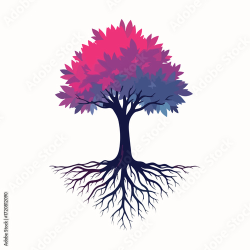 Bi Visibility Day vector art with bi pride colors, identity tree, invisible-to-visible transition, bi unicorn, and heartbeat wave. Solid color, flat illustration celebrating bisexual pride.