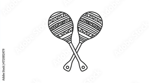 A pair of intricately patterned maracas, crossed at their handles, are depicted in a simple line drawing against a white background.  The design features geometric 