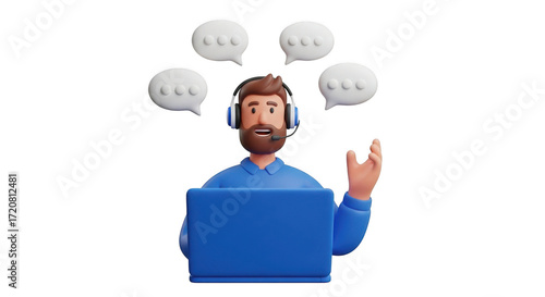 A 3d cartoon man with headphones and a laptop, communicating with chat bubbles isolated on transparent background