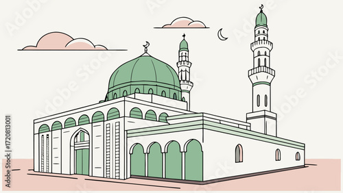 Vector art of Medina showing silver and green domes, minaret, palm trees, and Islamic patterns.
