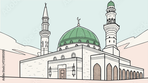 Medina Saudi Arabia cityscape vector illustration with green dome, silver minaret, and palm trees.