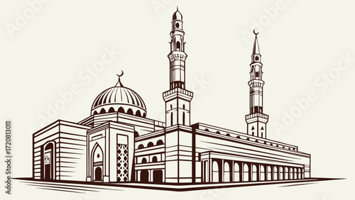 Medina Saudi Arabia vector art showing green and silver dome, minaret, palms, and Islamic architectural details.