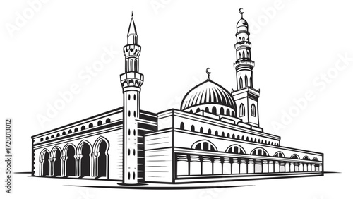 Medina city vector illustration with green and silver domes, minaret, palm trees, and Islamic art elements.