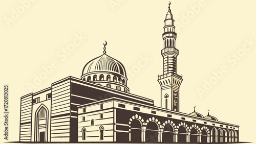 Medina Saudi Arabia vector art illustration featuring green and silver dome, minaret, palm trees, and Islamic art elements.