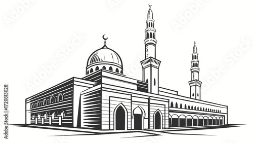 Saudi Arabia Medina vector artwork featuring green dome, silver minaret, palms, and Islamic ornamental design.