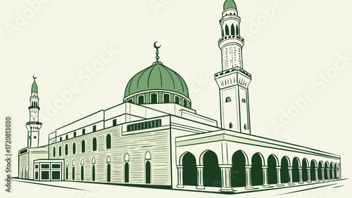 Vector illustration of Medina Saudi Arabia with green dome, silver minaret, palm trees, and Islamic art elements.