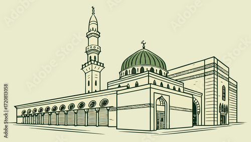 Vector design of Medina featuring green dome, silver minaret, palm trees, and Islamic decorative motifs.