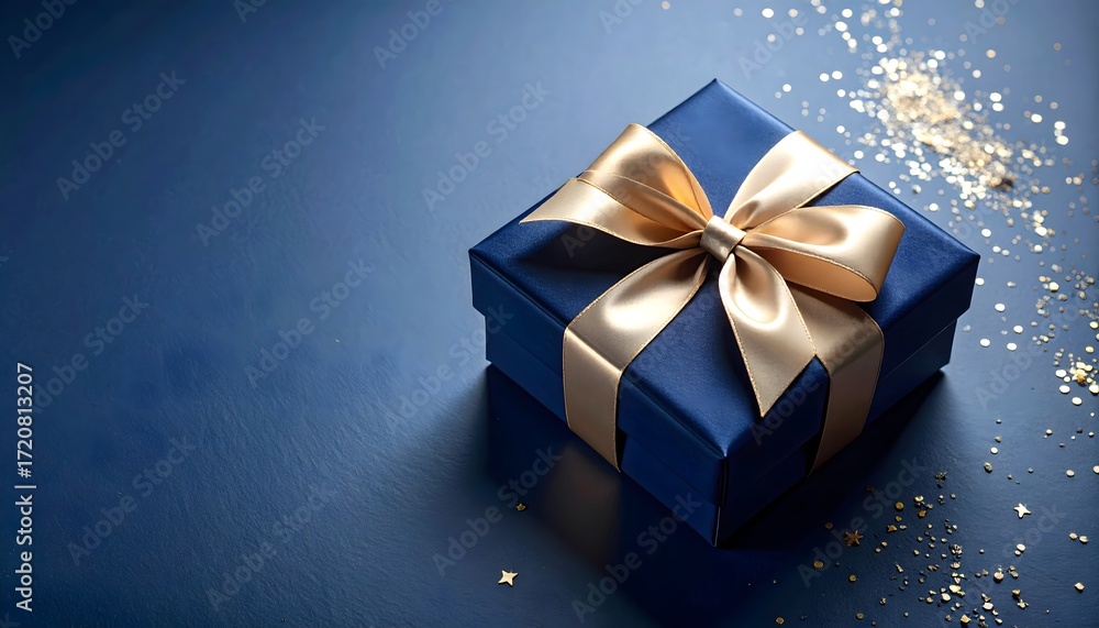 Obraz premium Caja de regalo azul con lazo dorado sobre fondo elegante con destellos brillantes, concepto de lujo y celebración