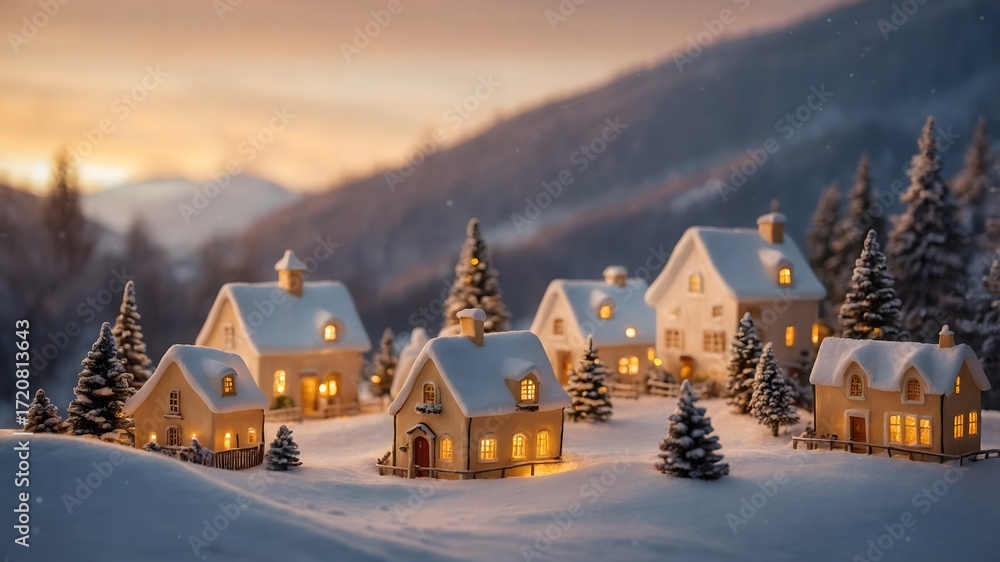 Fototapeta premium Pueblo nevado iluminado al atardecer con casas acogedoras y chimeneas humeantes en paisaje invernal de montaña