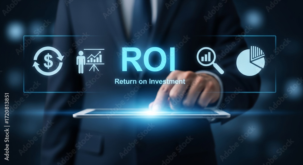 Fototapeta premium ROI Return on Investment Concept with Glowing Business Icons in Futuristic Digital Interface