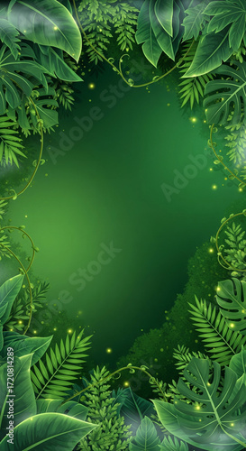 Exotic forest foliage and sparkling fireflies embrace a rich emerald space, offering a captivating natural border for banners, posters, or digital backgrounds