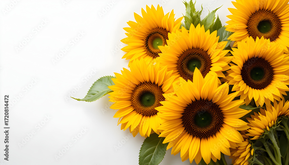 Fototapeta premium Bright Yellow Sunflowers with Green Leaves Against White Background