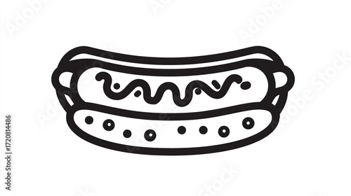 Simple black outline drawing of a hot dog with mustard