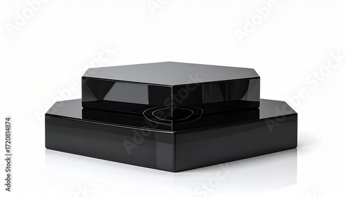 Glossy Black Geometric Podium on White Background