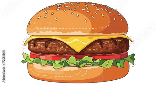 Delicious cheeseburger with sesame bun, beef patty, cheese, tomato, and lettuce illustration design art