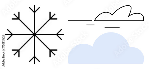 Snowflake beside abstract clouds with wind lines, symbolizing winter, weather, cold, and atmosphere. Ideal for climate, seasons, nature, weather forecast winter activities simple flat metaphor