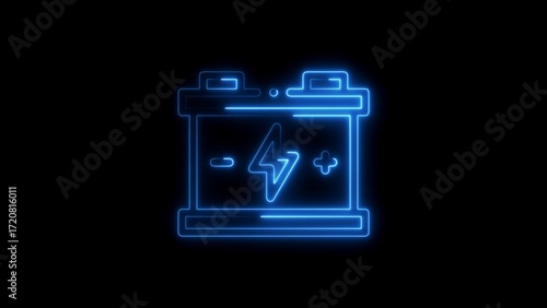 Glowing neon style car battery illustration on black background depicting energy and power