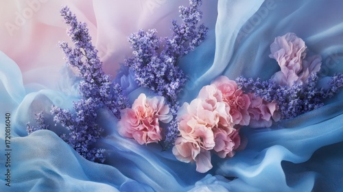 Pastel Dream: Delicate Lavender and Pink Flowers on Soft Blue Silk