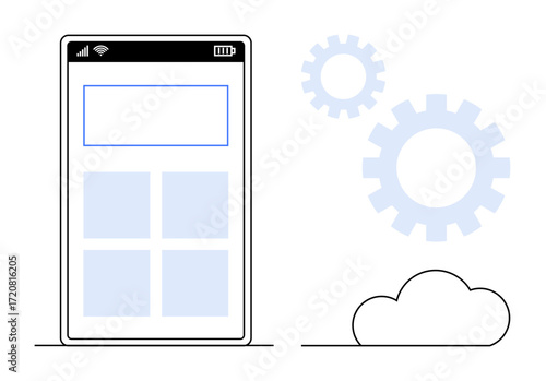 Smartphone interface with four app squares, cloud symbol, and gears representing system optimization, cloud storage, app development, and technology innovation. Ideal for mobile technology, IT