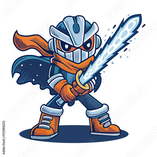 A flat style illustration showing a swordsman 