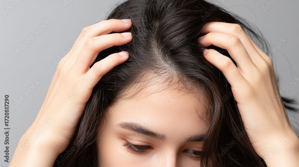 Fototapeta premium A woman touches her scalp and hair, focusing on the roots, with a close-up view of her face and hands