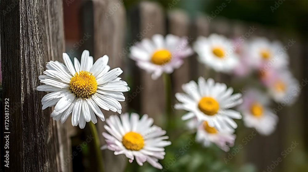 Fototapeta premium White daisies bloom by a rustic wooden fence in soft sunlight.