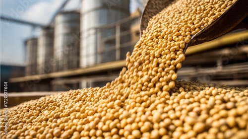 Wallpaper Mural Golden soybeans being poured in bulk at an industrial processing facility, with silos visible in the background Torontodigital.ca