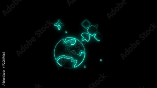 Wallpaper Mural Neon style illustration depicting earth and satellite orbiting in the dark black space Torontodigital.ca