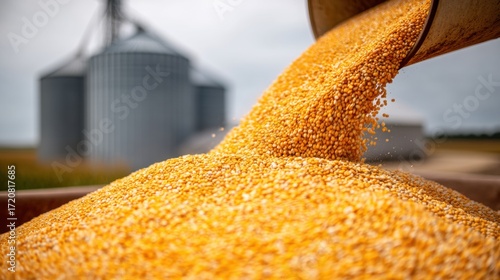 Wallpaper Mural Golden corn kernels pour from a chute with grain silos in the background on a farm Torontodigital.ca