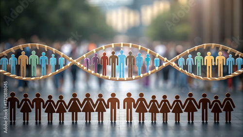 MRNA vaccines concept ,diverse human figures linked by golden dna strand, community health and global vaccination impact