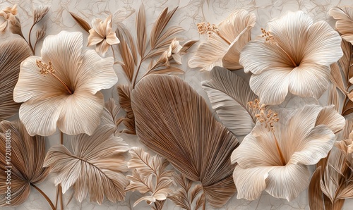 Fototapeta Naklejka Na Ścianę i Meble -  A detailed, beige and brown floral design with layered hibiscus flowers and tropical leaves creates a tranquil and natural aesthetic.