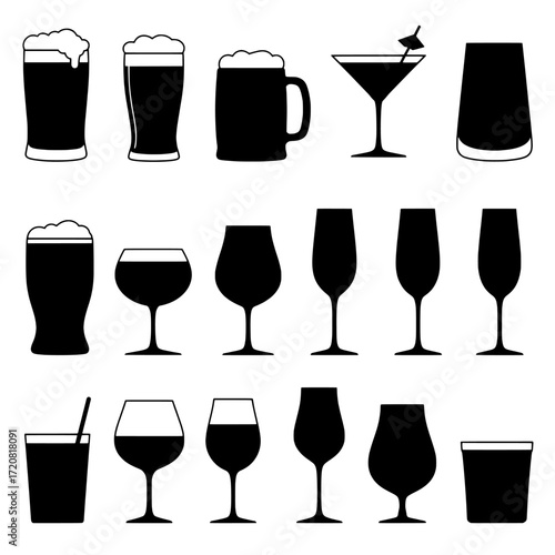 Collection of various alcoholic and non alcoholic beverage glasses and containers in silhouette isolated on white background isolated on transparent background