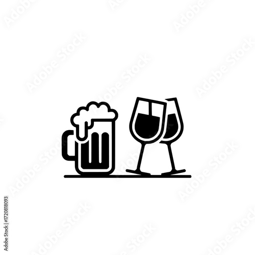 Simple black line art illustration of a frothy beer mug next to two wine glasses filled with dark liquid isolated on white background isolated on transparent background