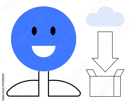 Blue smiling figure next to cloud, arrow pointing to open box. Ideal for cloud storage, data sharing, user-friendly tech, app concepts, software onboarding, innovation, simple flat metaphor