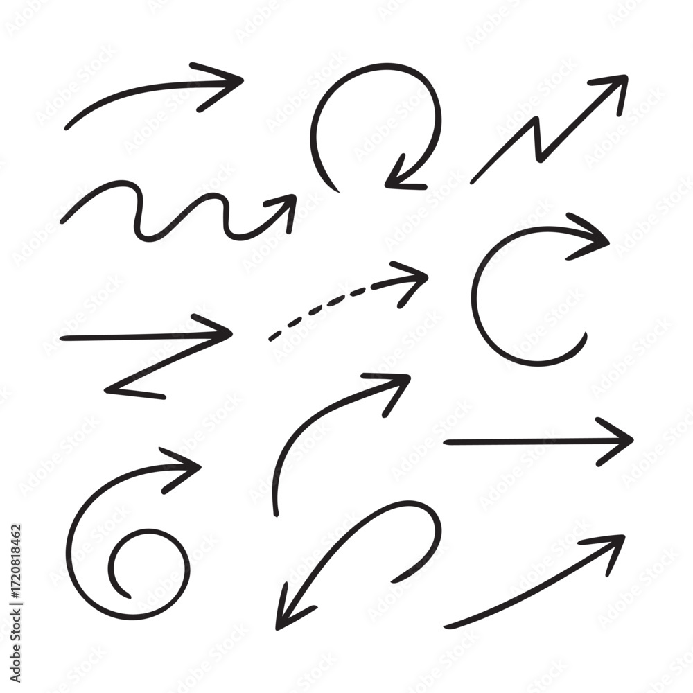 Obraz premium A hand-drawn collection of black and white arrow icons, symbols, and heart shapes for vector illustration design