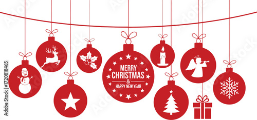 Festive red Christmas ornaments with holiday symbols hang on a string