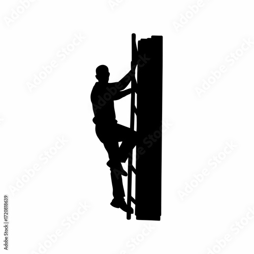 It technician climbing ladder to check server rack silhouette