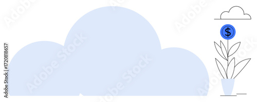 Blue cloud connected to a potted plant sprouting a dollar sign coin. Ideal for finance, growth, sustainable economy, cloud computing, innovation, savings, wealth. A simple flat metaphor