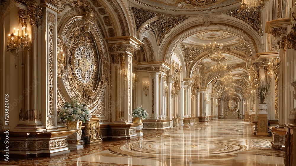 Fototapeta premium Ornate interior hall with marble floor and columns