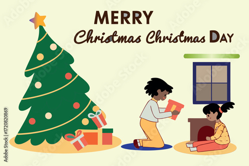 Happy Christmas Day: Children Exchanging Gifts by the Christmas Tree