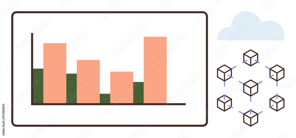 Naklejka premium Bar chart with pink and green bars alongside blockchain nodes connected in a network and cloud icon. Ideal for data analytics, technology, blockchain, cloud computing, innovation, connectivity