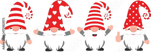 Four cheerful gnomes with red and white hats and beards, ready for holiday fun