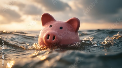 A pink piggy bank floats in ocean water at sunset, symbolizing financial struggle or savings in crisis