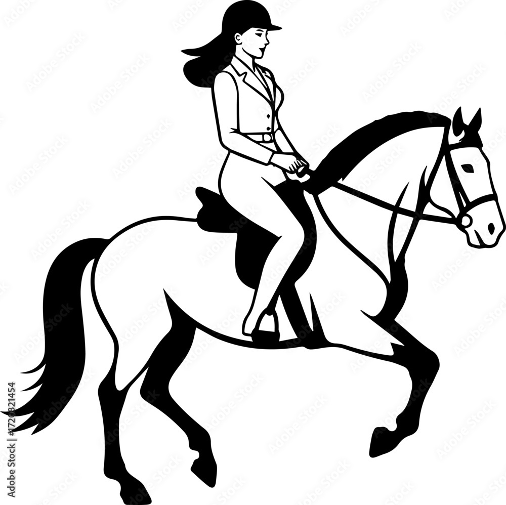 Fototapeta premium Black and white line art of a beautiful woman with perfect body riding horse elegant minimalist illustration