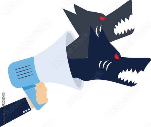 Hand holding a megaphone and shouting and flying out of the megaphone a vicious wolf


