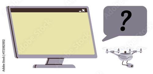 Desktop screen alongside flying quadcopter and speech bubble with question mark, highlighting interaction, automation, or tech troubleshooting. Ideal for innovation, robotics, communication