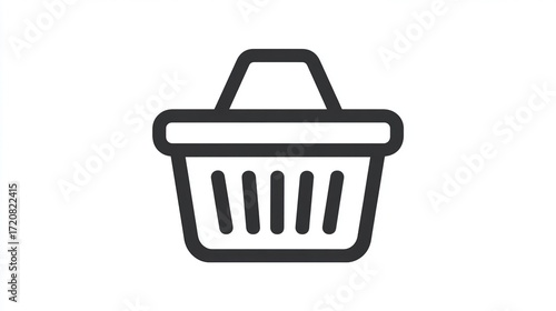 A simple line drawing of a shopping basket, featuring a handle and vertical lines indicating contents, set against a white background.  The design is clean and minimalist